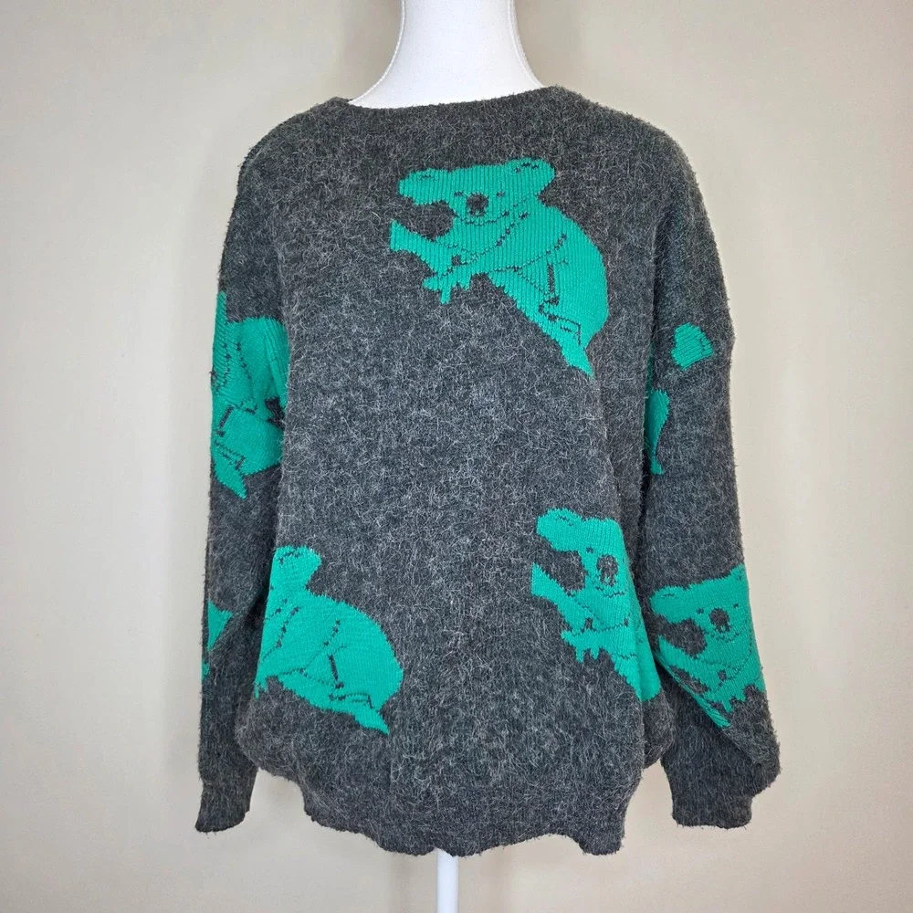 Vintage Australia Koala Angora Blend Sweater Gray Teal Green Womens‎ Medium